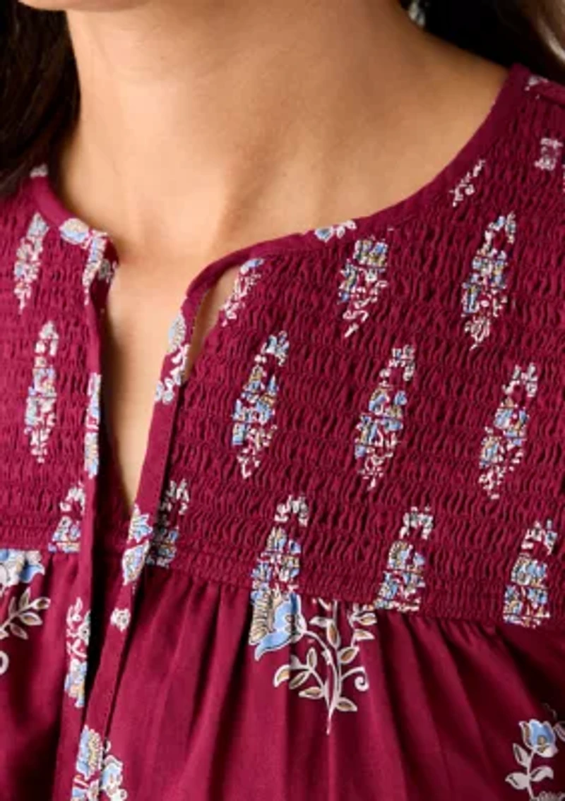 Women's Long Blouson Sleeve Smocked Yoke Peasant Top