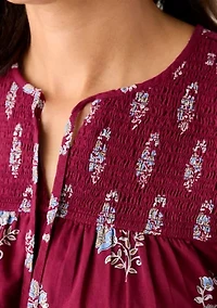 Women's Long Blouson Sleeve Smocked Yoke Peasant Top
