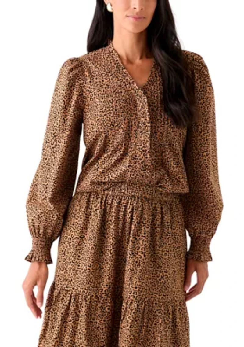 Women's Long Sleeve Ruffle Front Printed Top