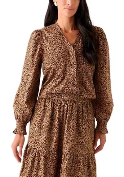 Women's Long Sleeve Ruffle Front Printed Top