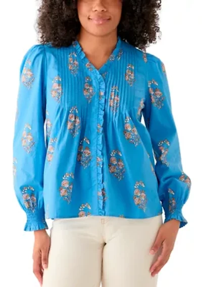 Women's Long Sleeve Ruffle Front Printed Top