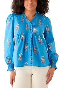 Women's Long Sleeve Ruffle Front Printed Top
