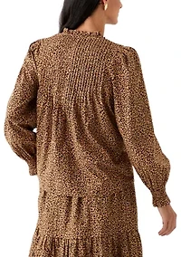 Women's Long Sleeve Ruffle Front Printed Top