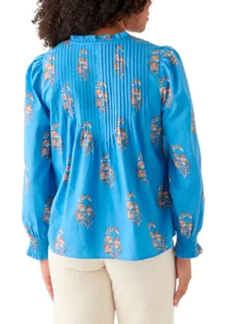Women's Long Sleeve Ruffle Front Printed Top