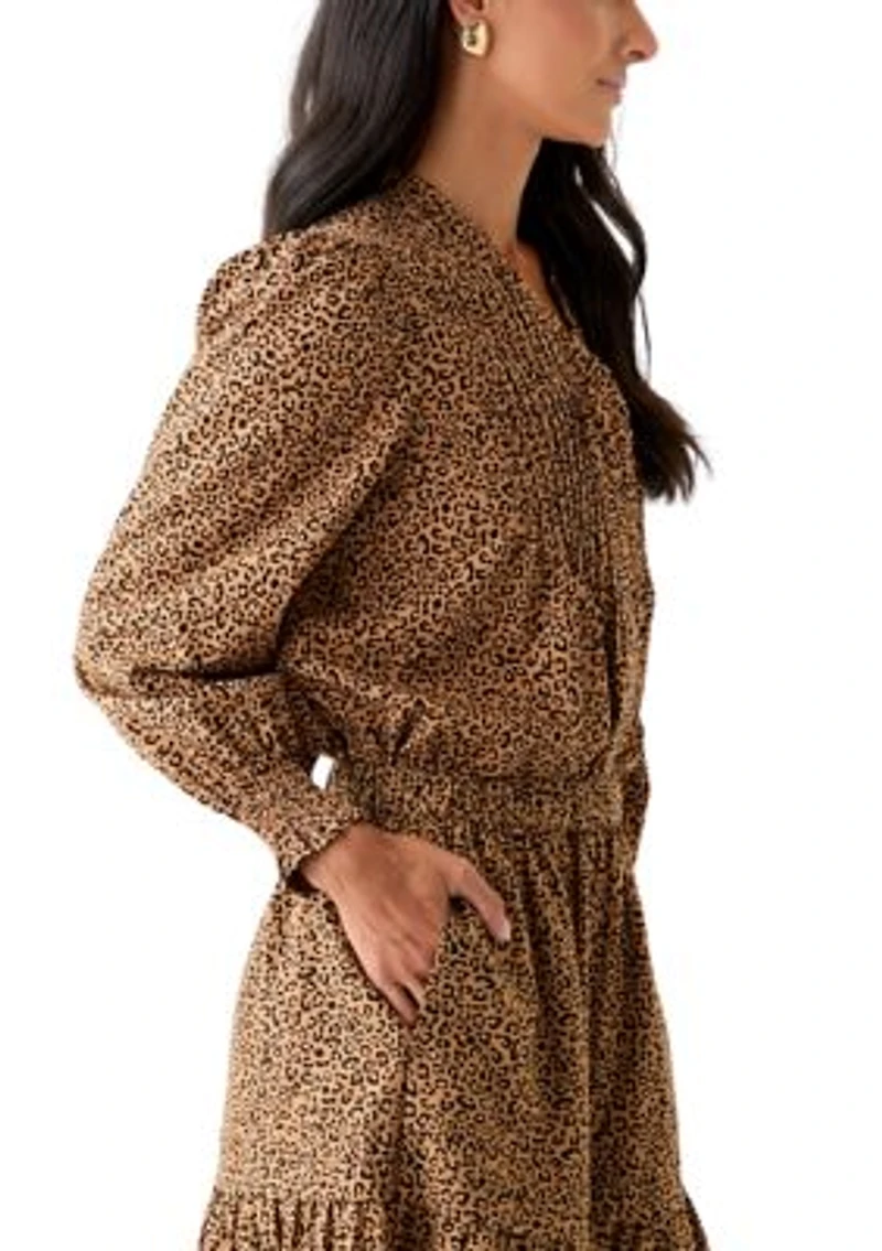 Women's Long Sleeve Ruffle Front Printed Top
