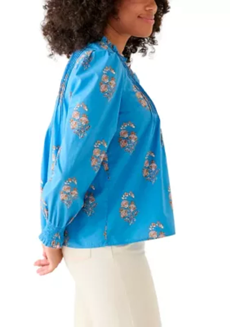 Women's Long Sleeve Ruffle Front Printed Top