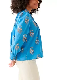 Women's Long Sleeve Ruffle Front Printed Top