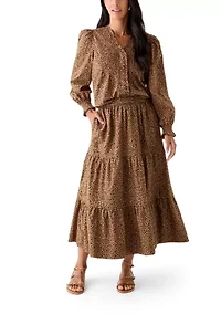 Women's Long Sleeve Ruffle Front Printed Top