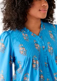 Women's Long Sleeve Ruffle Front Printed Top