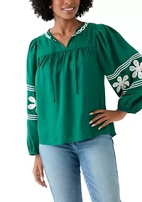 Women's Long Blouson Sleeve Smocked Yoke Peasant Top