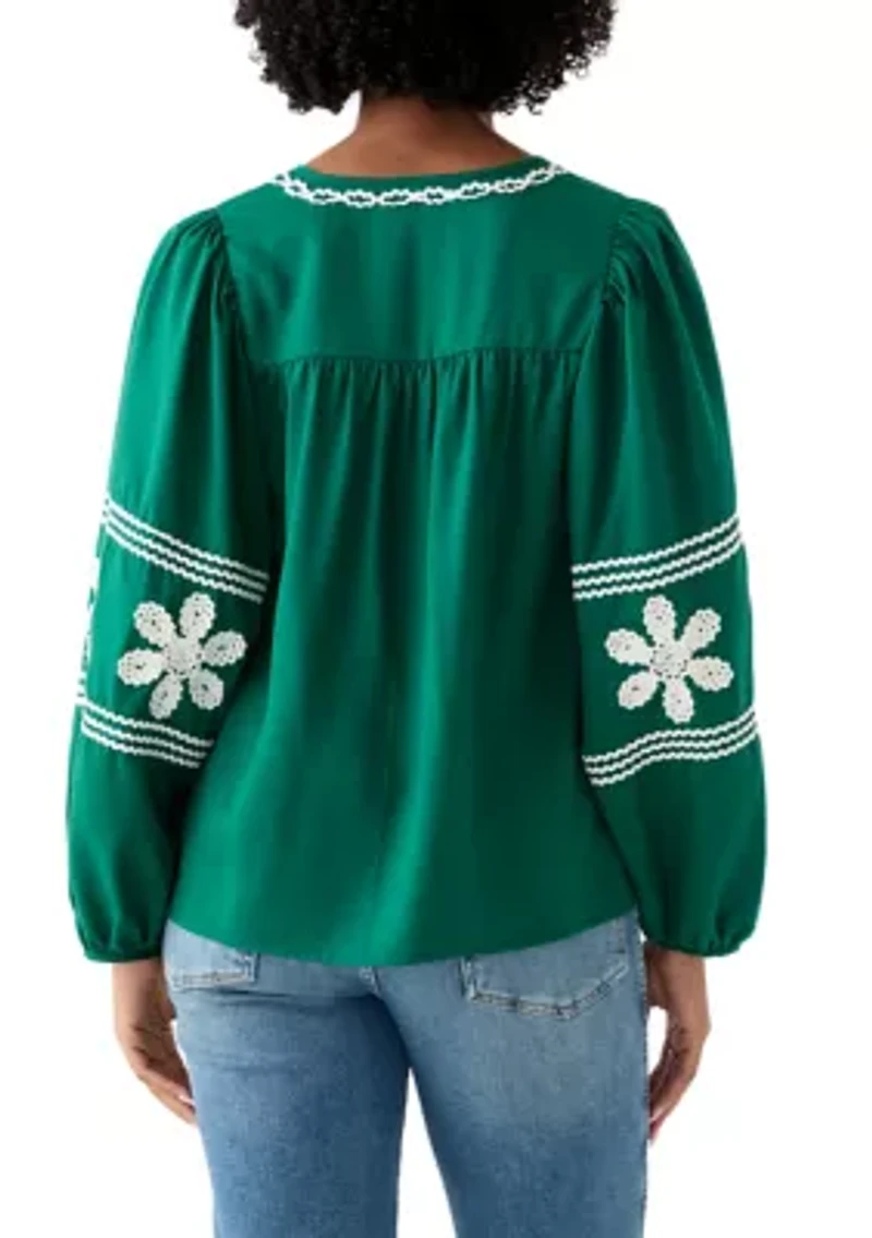 Women's Long Blouson Sleeve Smocked Yoke Peasant Top