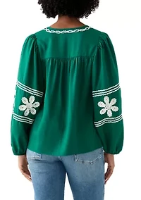 Women's Long Blouson Sleeve Smocked Yoke Peasant Top