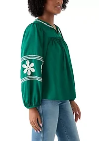 Women's Long Blouson Sleeve Smocked Yoke Peasant Top