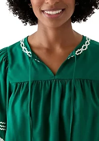 Women's Long Blouson Sleeve Smocked Yoke Peasant Top