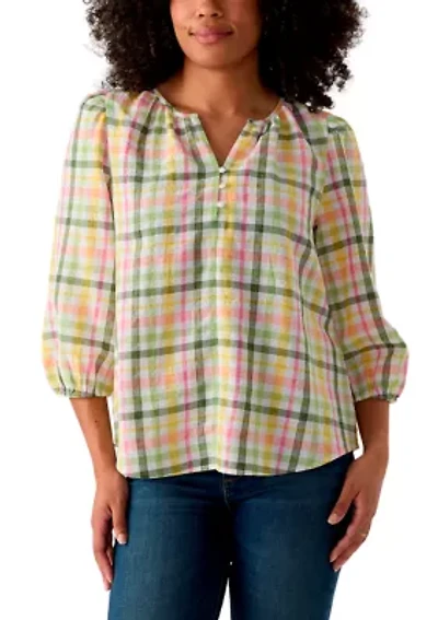 Women's 3/4 Sleeve Button Front Yarn Dyed Peasant Top