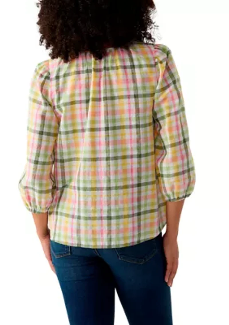 Women's 3/4 Sleeve Button Front Yarn Dyed Peasant Top