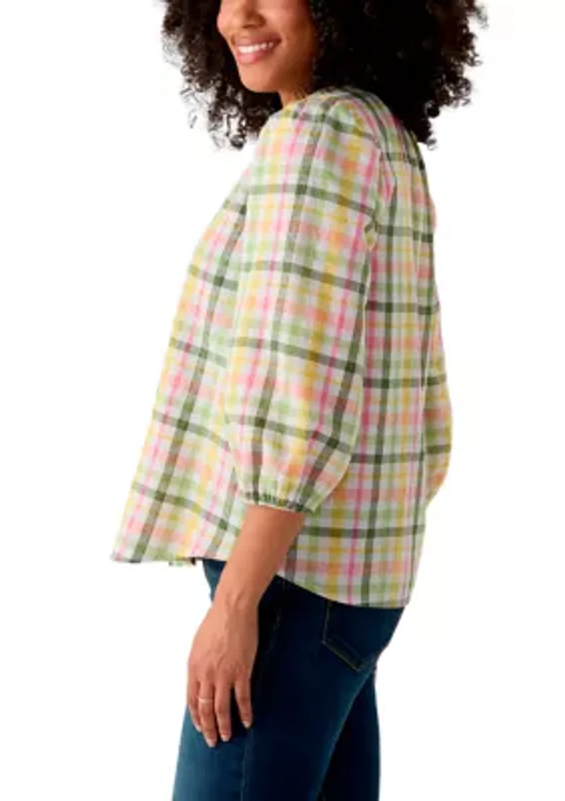 Women's 3/4 Sleeve Button Front Yarn Dyed Peasant Top