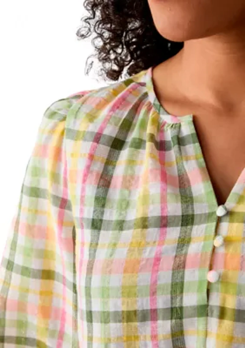 Women's 3/4 Sleeve Button Front Yarn Dyed Peasant Top