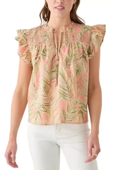 Women's Short Sleeve Split Neck Printed Top