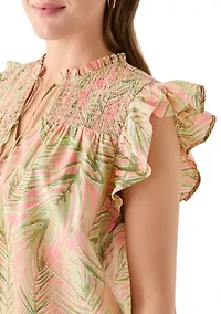 Women's Short Sleeve Split Neck Printed Top