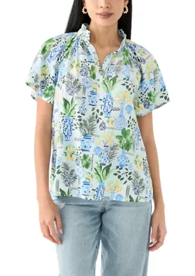 Women's Short Flutter Sleeve Printed Peasant Top