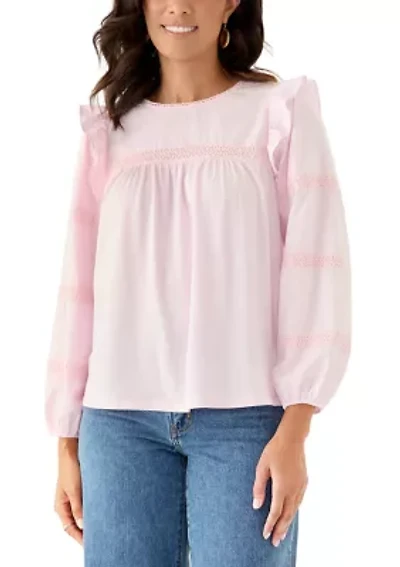 Women's Long Sleeve Crochet Solid Trim Top