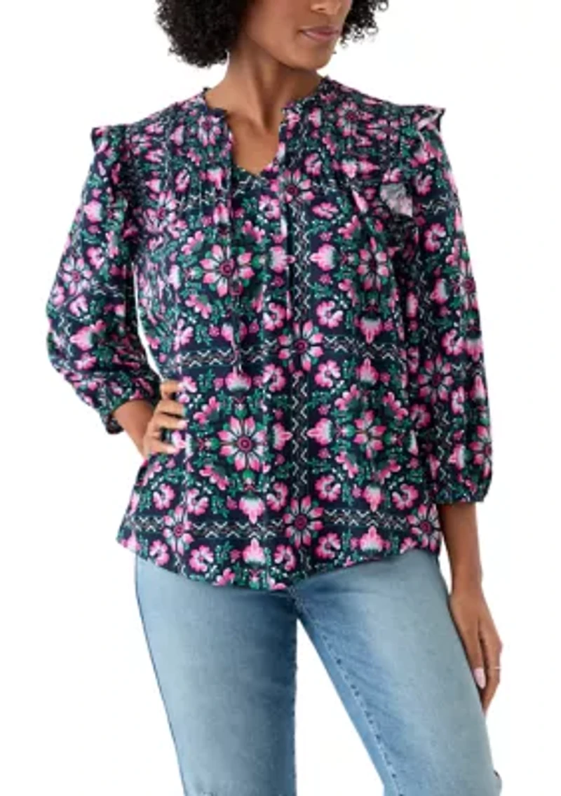 Women's 3/4 Ruffle Sleeve Smocked Split Neck Printed Top