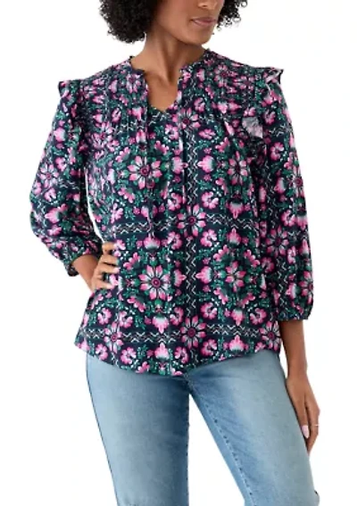 Women's 3/4 Ruffle Sleeve Smocked Split Neck Printed Top