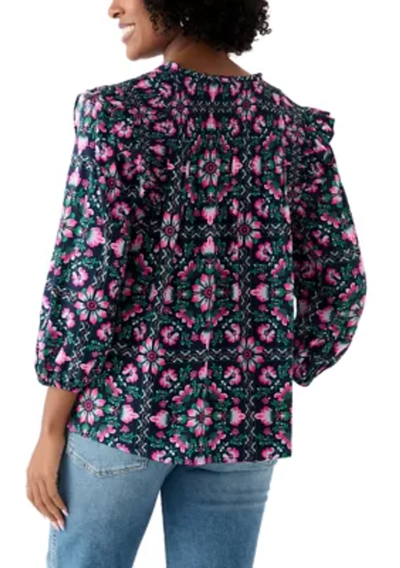 Women's 3/4 Ruffle Sleeve Smocked Split Neck Printed Top