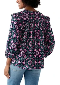 Women's 3/4 Ruffle Sleeve Smocked Split Neck Printed Top