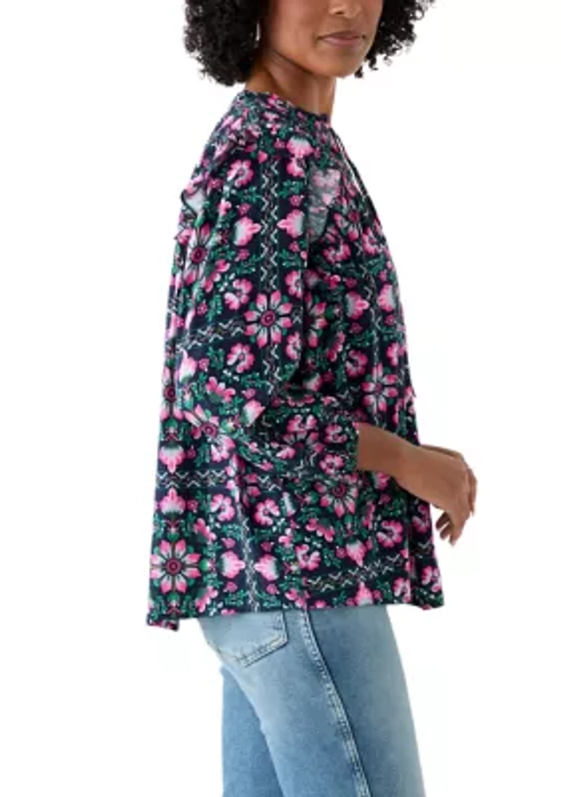 Women's 3/4 Ruffle Sleeve Smocked Split Neck Printed Top