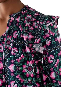 Women's 3/4 Ruffle Sleeve Smocked Split Neck Printed Top