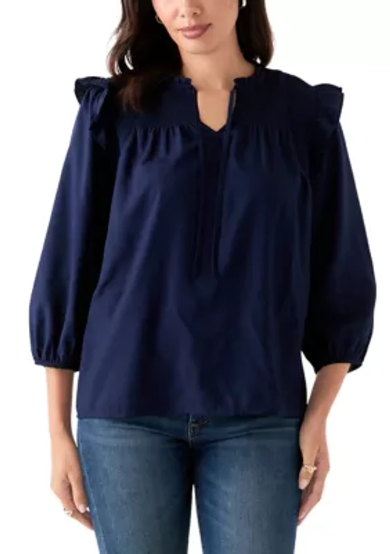 Women's 3/4 Ruffle Sleeve Smocked Split Neck Top