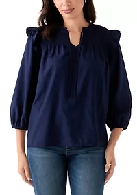 Women's 3/4 Ruffle Sleeve Smocked Split Neck Top