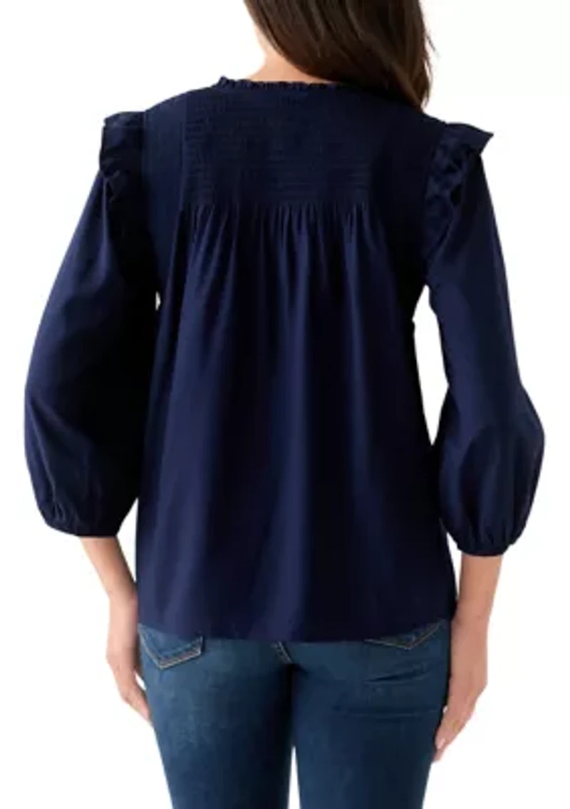 Women's 3/4 Ruffle Sleeve Smocked Split Neck Top