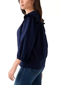 Women's 3/4 Ruffle Sleeve Smocked Split Neck Top