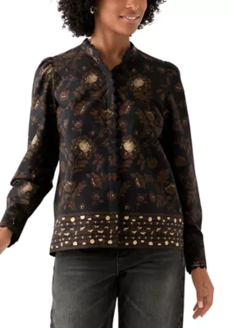 Women's Puff Sleeve Button Down Print Top