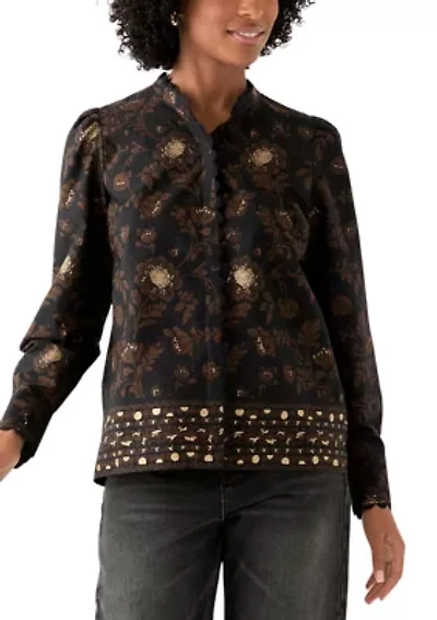 Women's Puff Sleeve Button Down Print Top