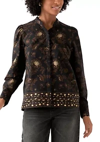 Women's Puff Sleeve Button Down Print Top