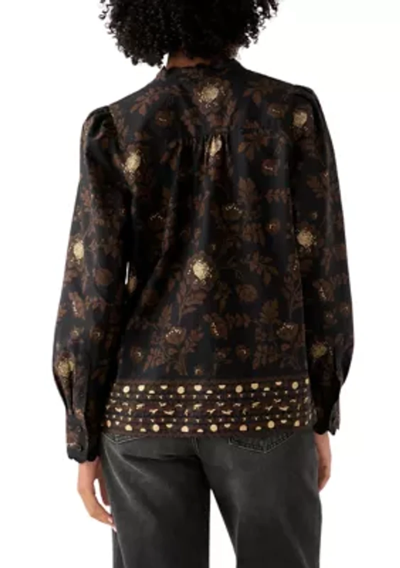 Women's Puff Sleeve Button Down Print Top