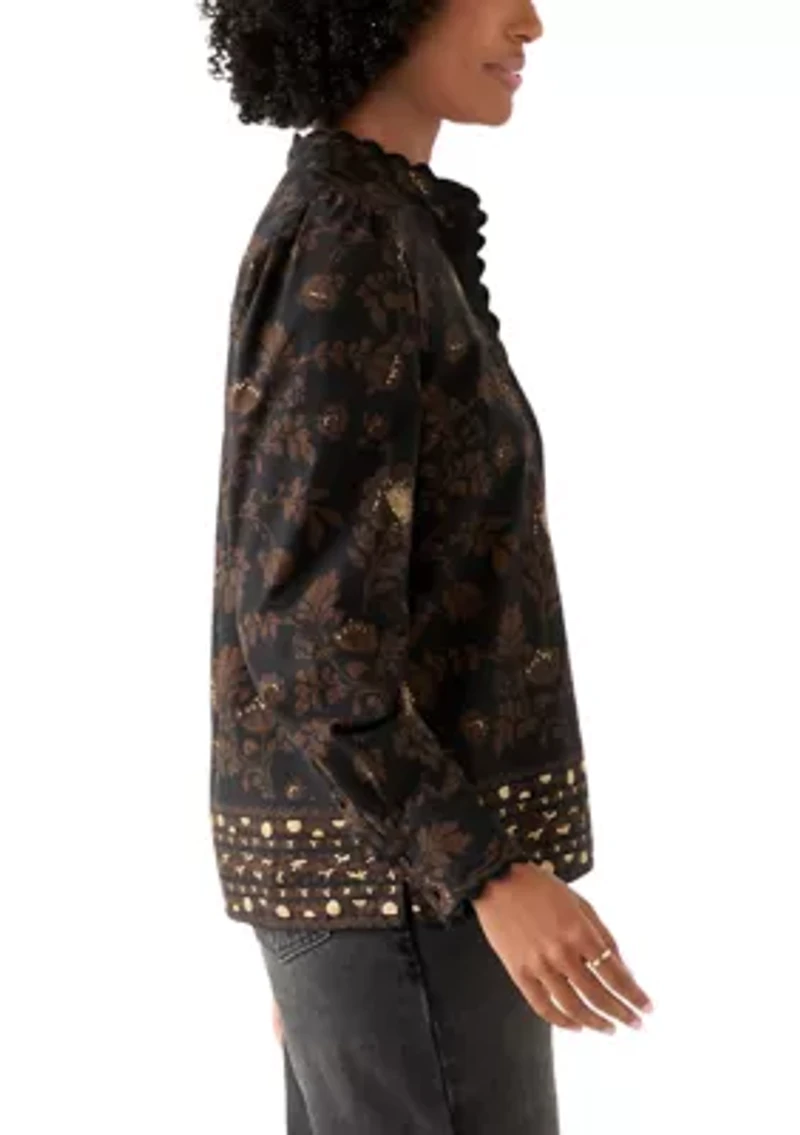Women's Puff Sleeve Button Down Print Top