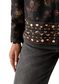 Women's Puff Sleeve Button Down Print Top