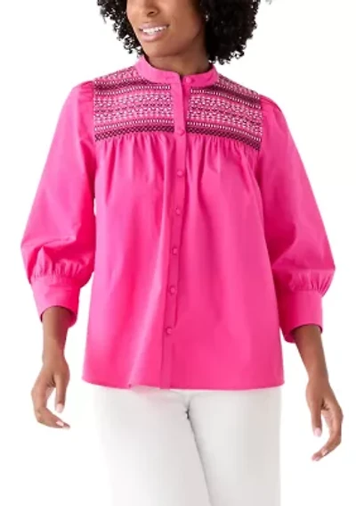 Women's 3/4 Sleeve Smocked Button Front Top