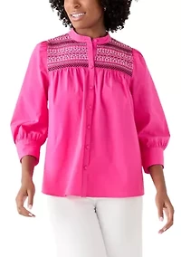 Women's 3/4 Sleeve Smocked Button Front Top