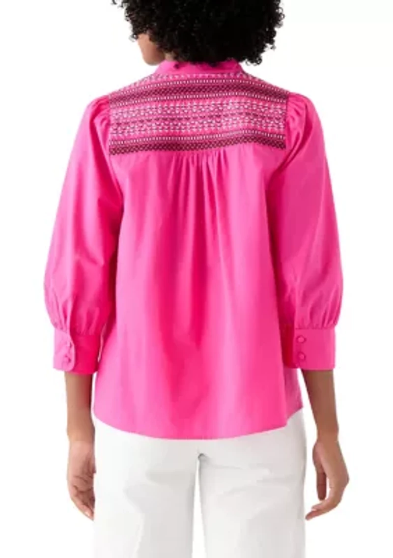 Women's 3/4 Sleeve Smocked Button Front Top