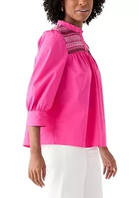 Women's 3/4 Sleeve Smocked Button Front Top