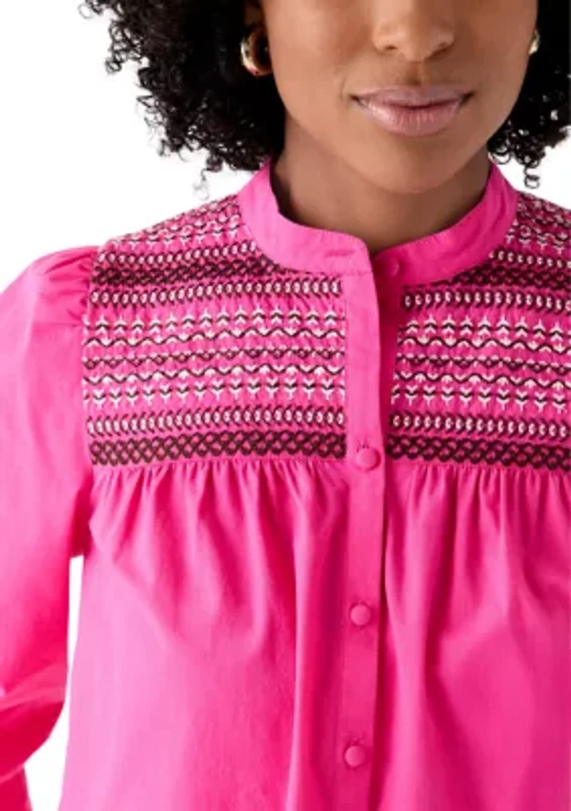 Women's 3/4 Sleeve Smocked Button Front Top