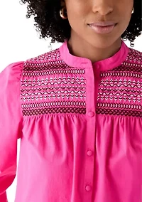 Women's 3/4 Sleeve Smocked Button Front Top