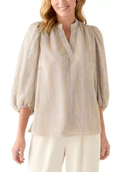 Women's 3/4 Puff Sleeve Split Neck Metallic Top