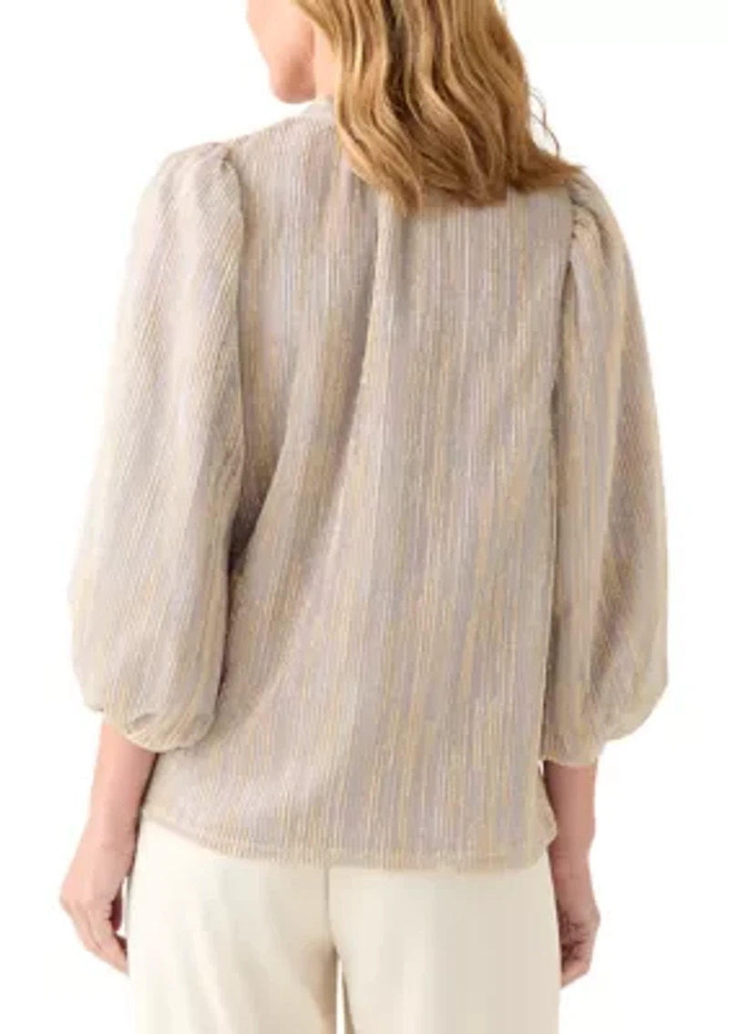 Women's 3/4 Puff Sleeve Split Neck Metallic Top